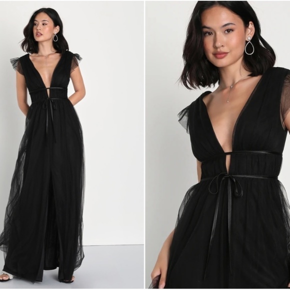 LULU's Prom Wedding Tulle Mesh Empire Waist Romantic Flowy Maxi Dress - Picture 3 of 4